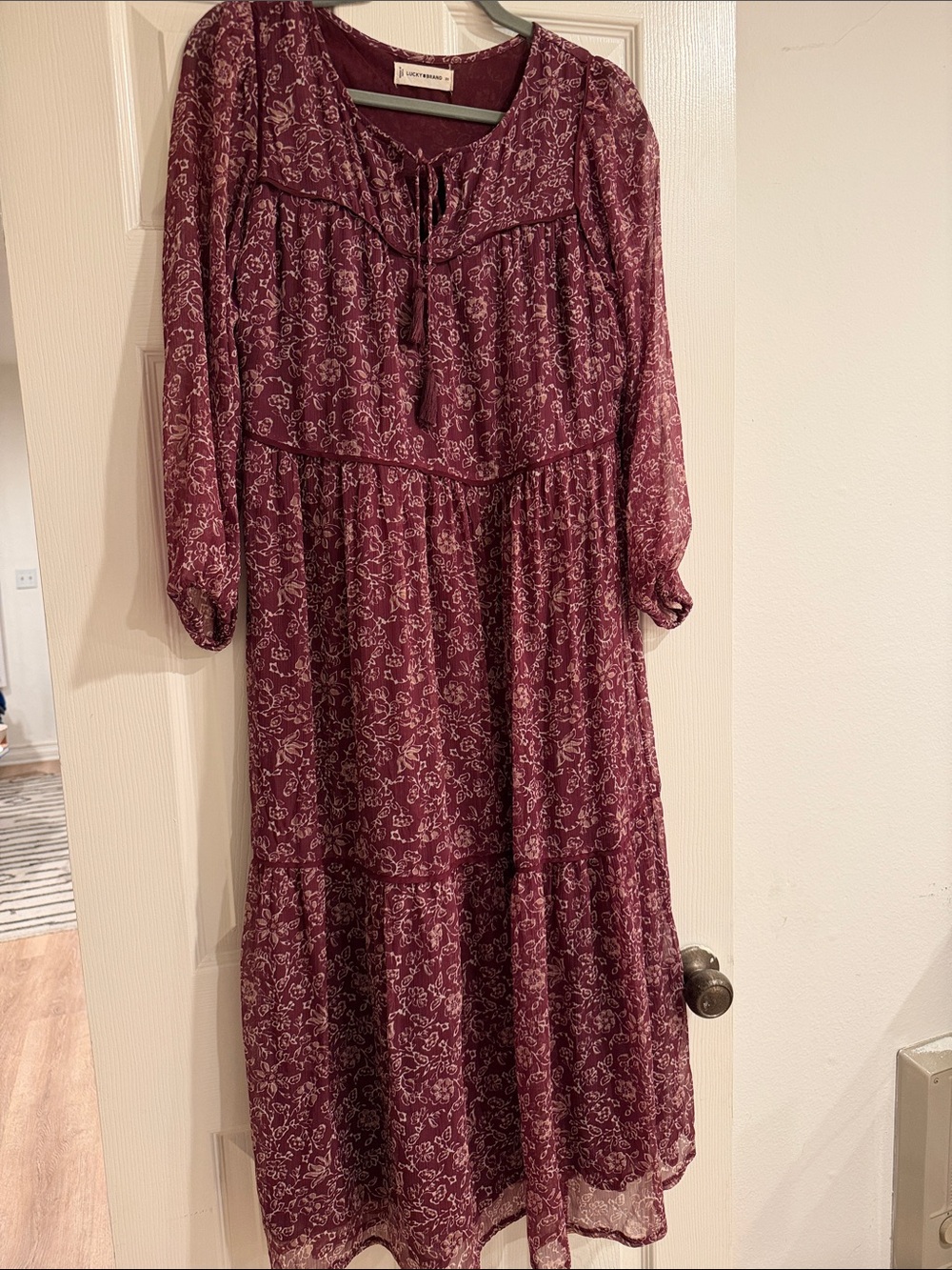 Lucky Brand Burgundy Floral Long-Sleeve Midi Dress